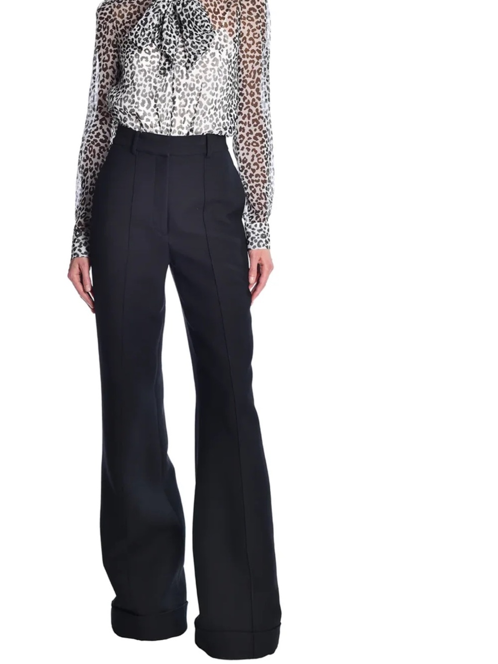 ADAM LIPPES SILK WOOL CUFFED HEM WIDE LEG TROUSER BLACK 8